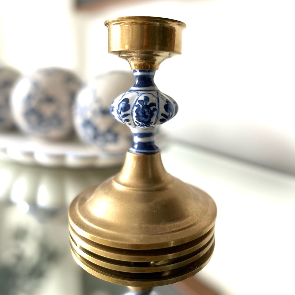 Vintage Gold and Blue Brass Ceramic Candle Holder